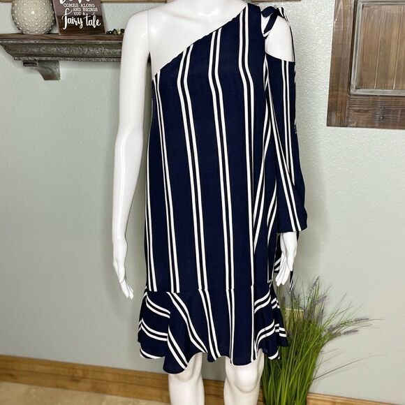 Zara Blue White Navy Striped One Shoulder Night Out Dress Size XS - Picture 5 of 15
